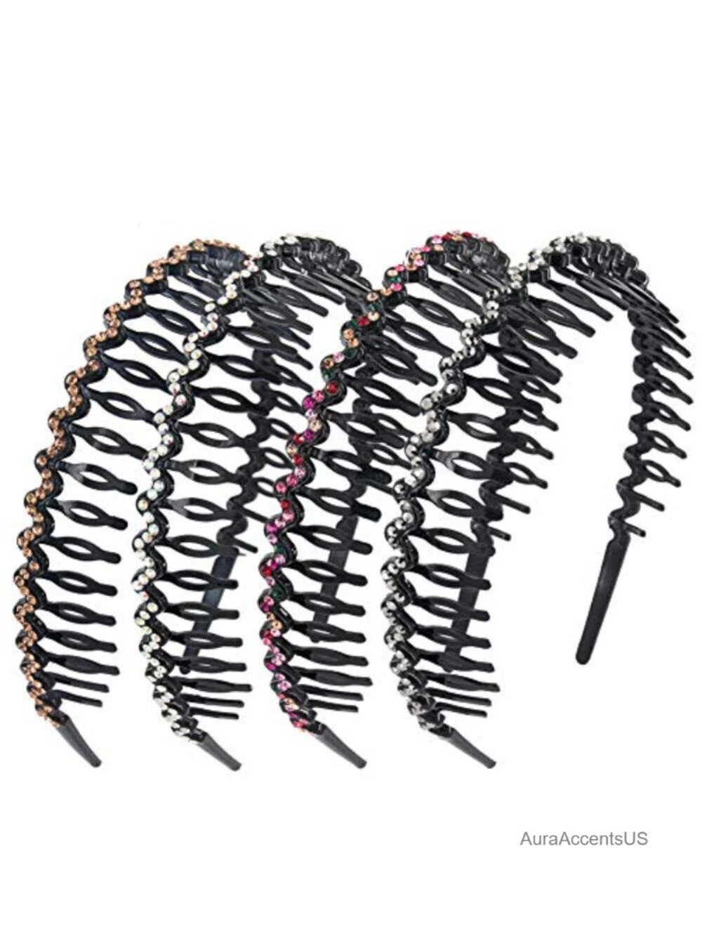Rhinestone Crystal Headbands with Teeth Comb Non-Slip Hard Plastic Wave Set of 4